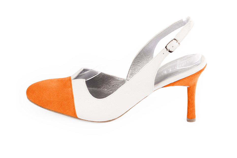 Apricot orange and off white slingback elegant shoes. Round toe. High slim heel. - Florence KOOIJMAN
